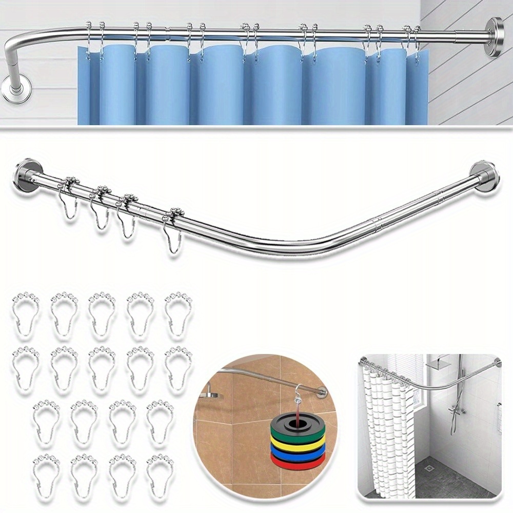 Image of Corner Shower Curtain Rod, Adjustable, Stainless Steel, L-shaped, Without Drilling, For Bathroom, Bathtub, Clothing Store (silvery, 70-95cm)