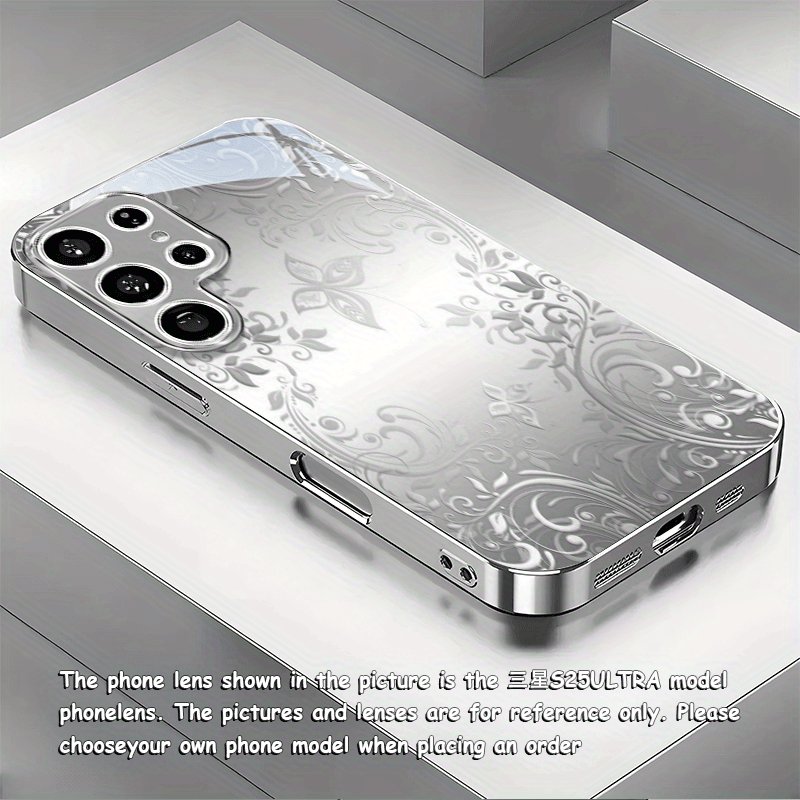 TEMU Phone Case - Easy Artistic Floral New Electroplated Silver Phone Case For Galaxy S25 Ultra, S25 Plus, S25, S24 Ultra, S24 Fe, S24, S23 Ultra