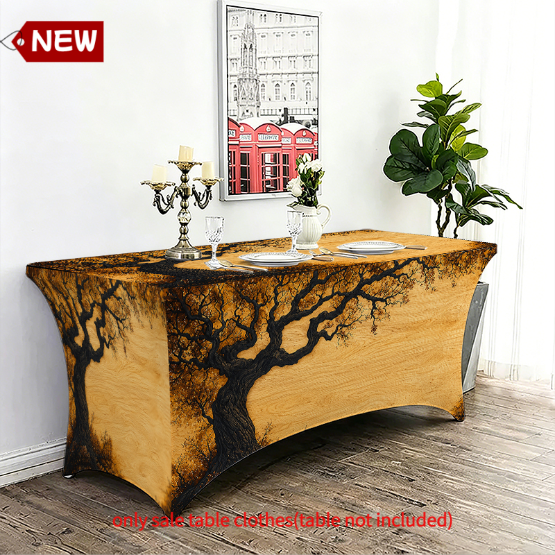 TEMU 1pc Elastic Full Wrap Rectangular Table Cover, Silhouette Wooden Background Design, Warm , Tight Fit Anti-wrinkle Fabric, Ideal For Fall
