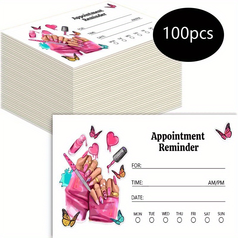 100pcs Professional Appointment Reminder Cards - 3.5x1.9 Inch, Pink & White Design with Nail Art & Butterflies, Ideal for Hair Salons & Nail Spas, Salon Appointment Cards | Stylish Design | Decorative Cards, Nail Spa Decor
