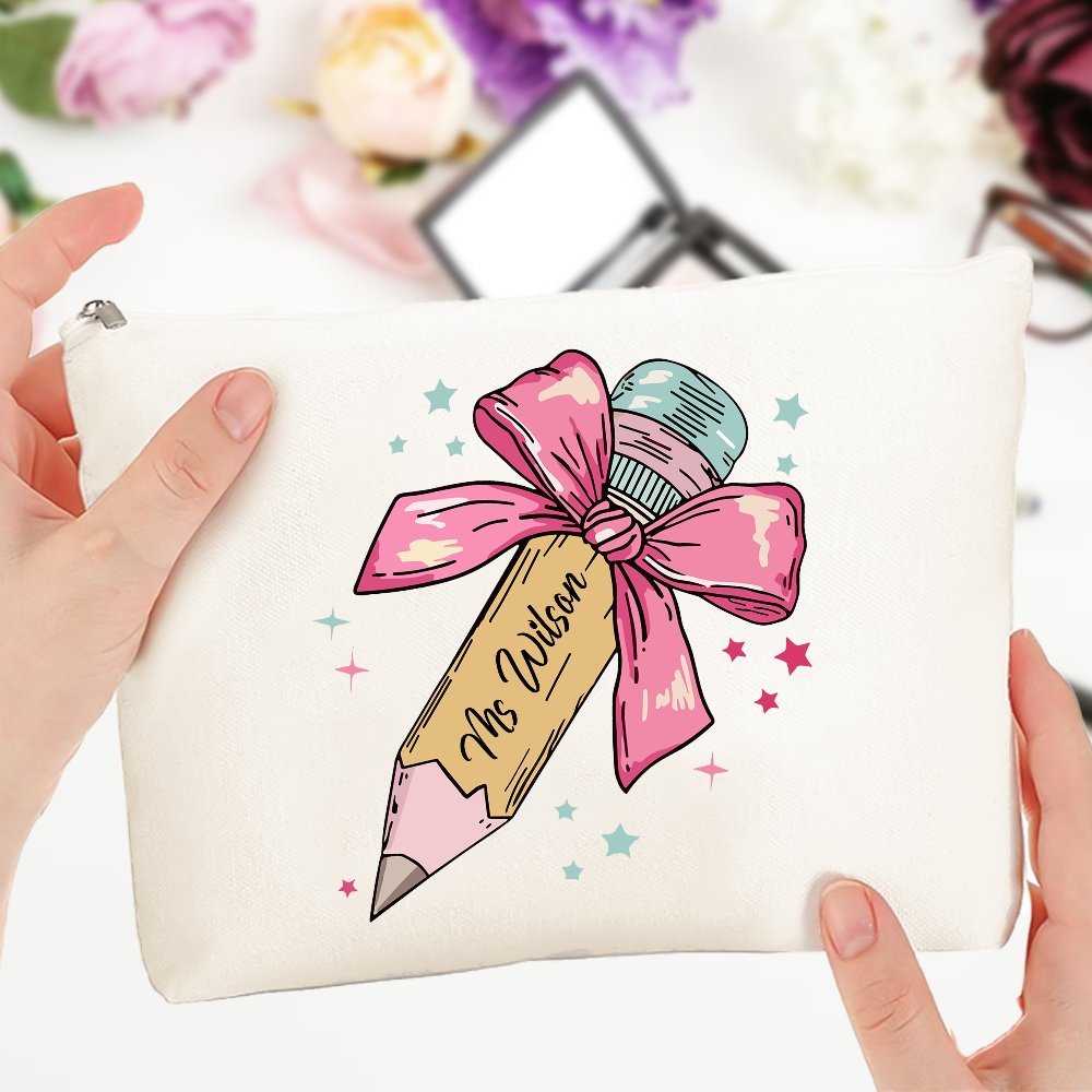 

1pc Customizable Makeup Bag For - Personalized , Zippered Cosmetic Bow , Teacher Appreciation ,