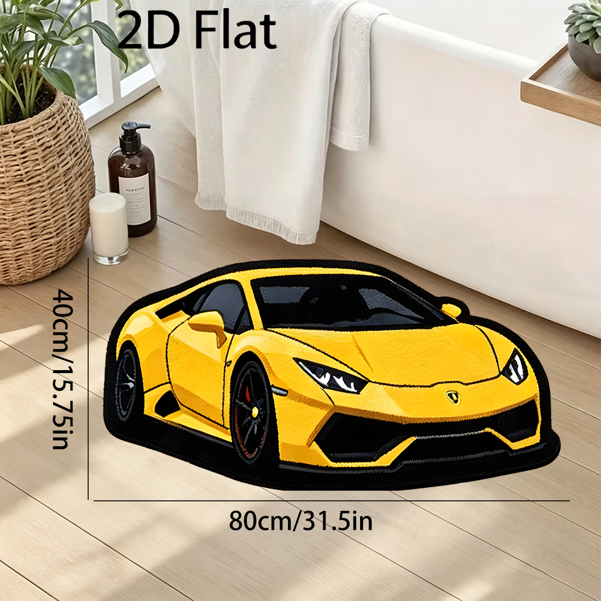 TEMU Car-shaped Printed Floor Mat, 2d Flat Soft Plush Non-slip Absorbent Rug, Long Strip Design For Bedroom Bedside, Polyester Fiber Material With