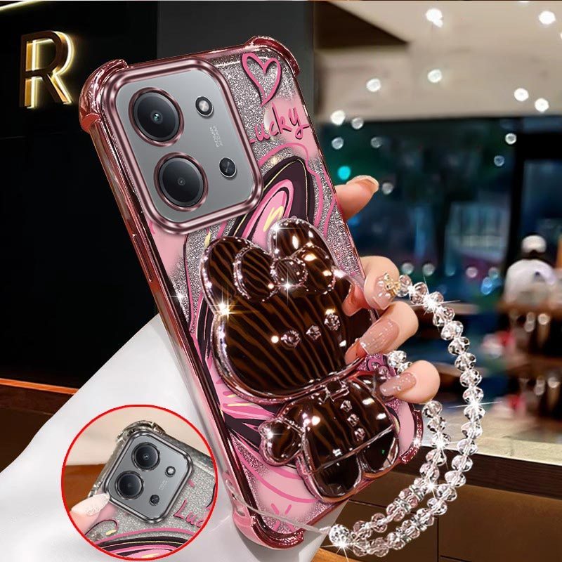 TEMU Coque de téléphone - Coque durable pour téléphone Redmi 15C, confortable, belle papillon avec support et motif de cordon de perles transparent,