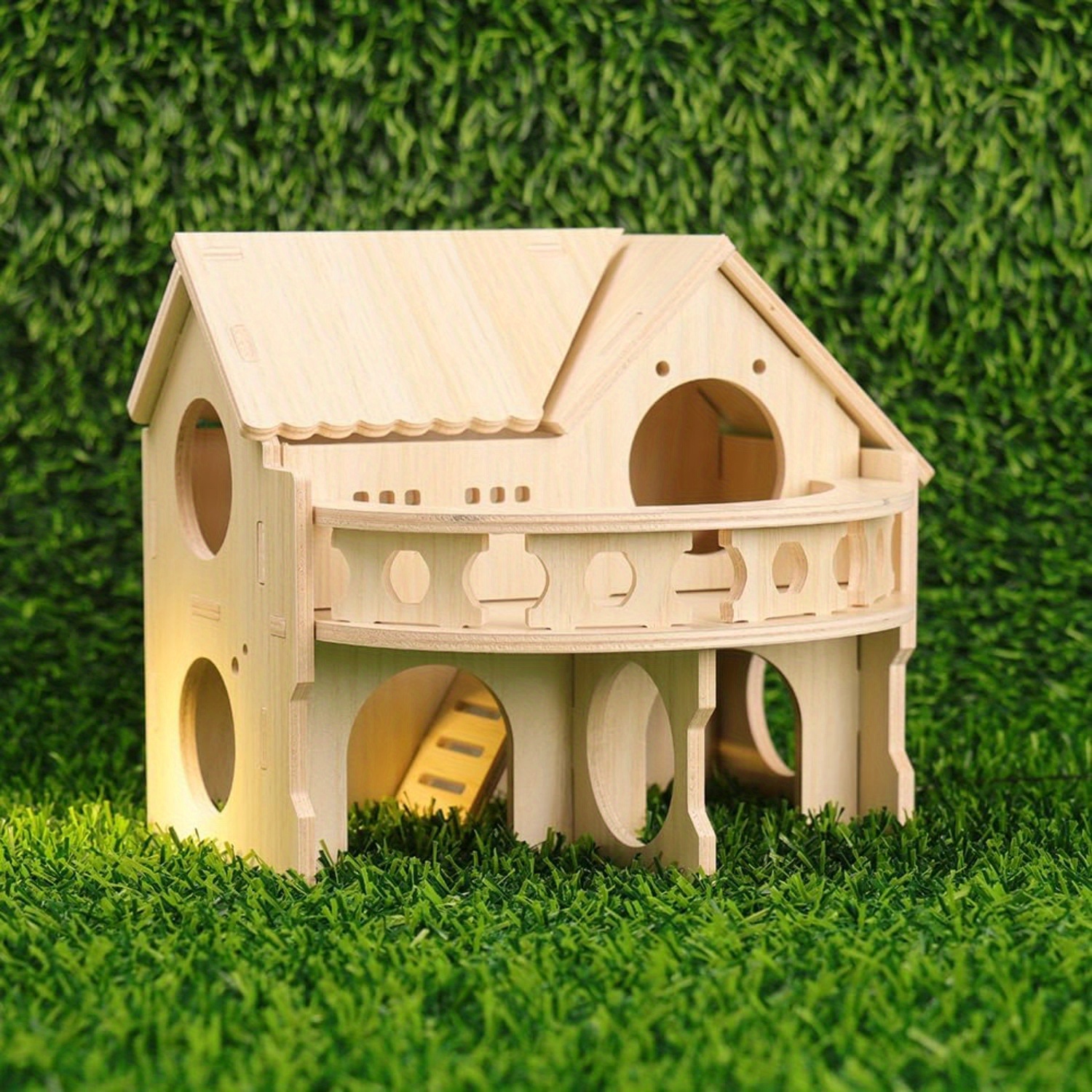 Small And Cute Wooden Hamster House With Large Balcony - Double-decker Forest-style Hut For Dwarf Hamsters, Mice, Gerbils, Rats And Small Pets (compact Size )
