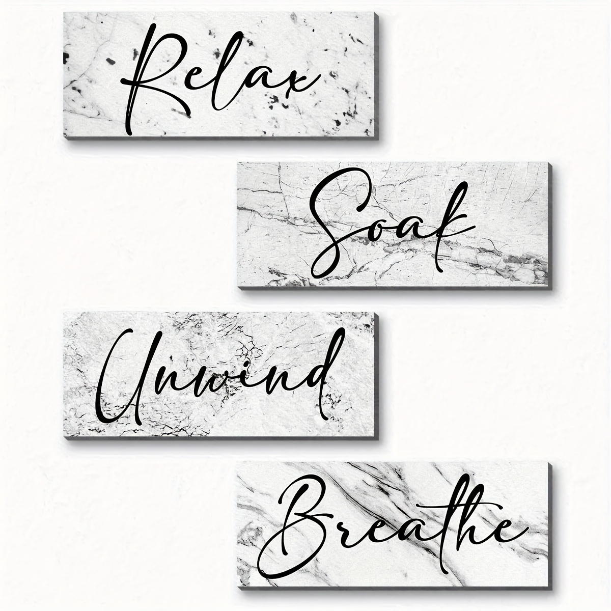 TEMU Décoration murale de salle de bain en bois plat 2D, 4 pièces - Panneaux "Relax, Soak, Unwind, Breathe" - Décoration universellement appréciée -