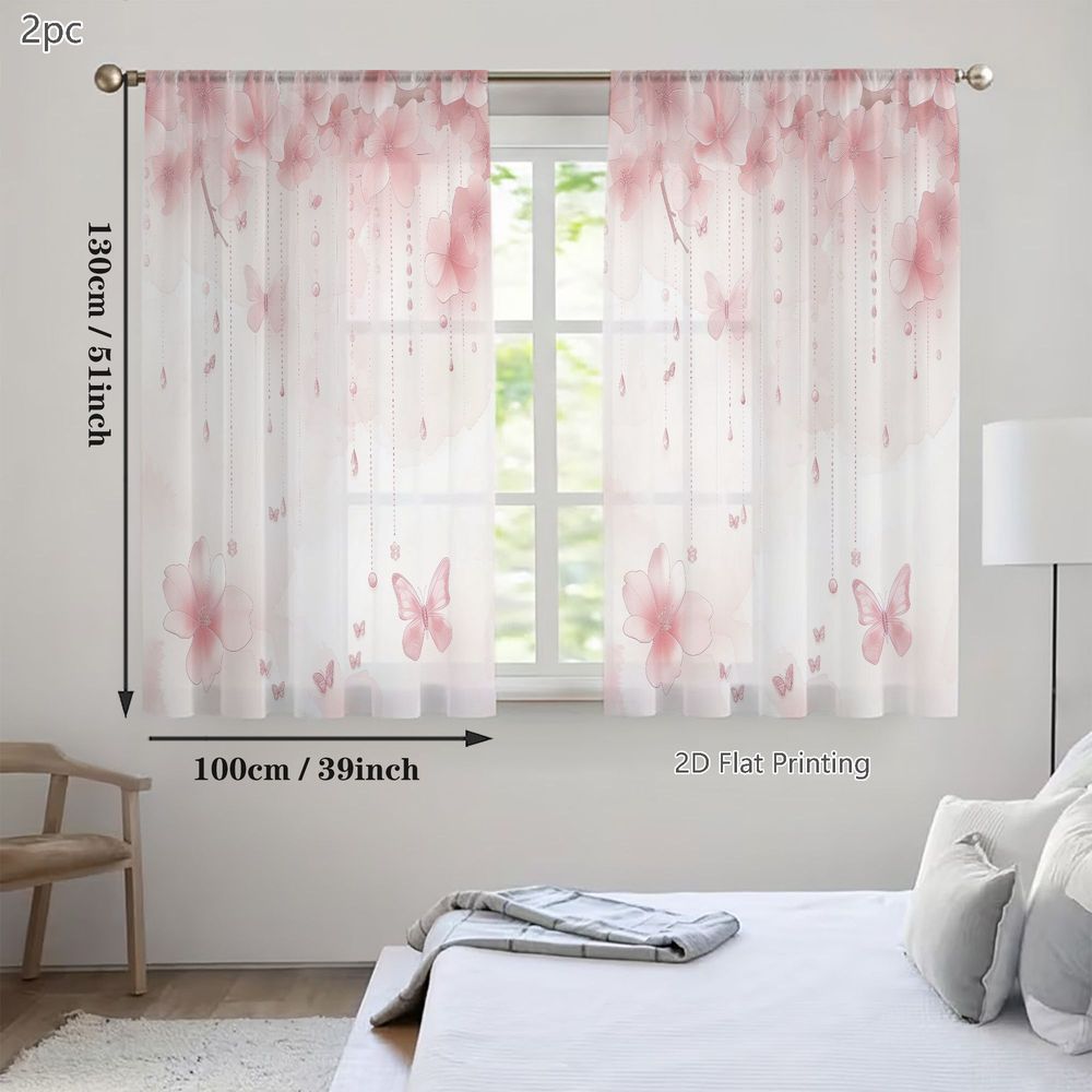TEMU 2d Flat, 2pcs Spring Summer Small Sheer Curtains, Soft Pink And White Cherry Pattern With Delicate Butterflies, Living Rooms, Bedrooms, Dining