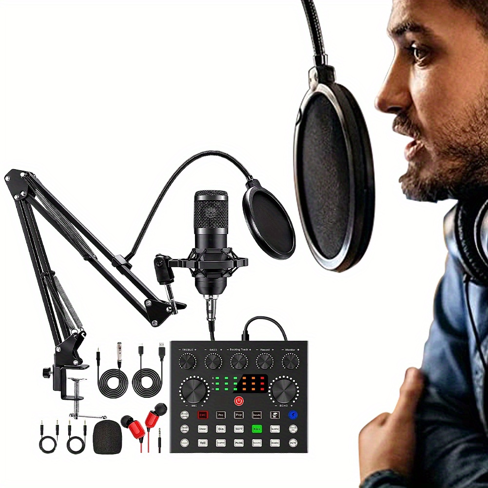 Professional Podcast Equipment Bundle with BM800 Condenser Microphone, V8 USB-C Sound Card, Adjustable Metal Shock Mount & Double-Layer Pop Filter for Streaming, Gaming, YouTube, Zoom - Windows Compatible, Streaming Setup | Modern Recording Setup | Stable Audio Stand, Podcast Microphone