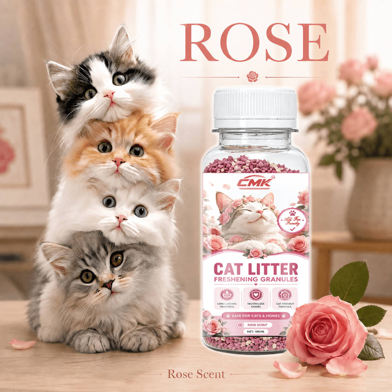 100ml cat litter deodorizing fragrance   suitable for   of all types of litter boxes   a gentle rose     neutralizes litter odors simply sprinkle     litter or mix with cat litter Product details 9