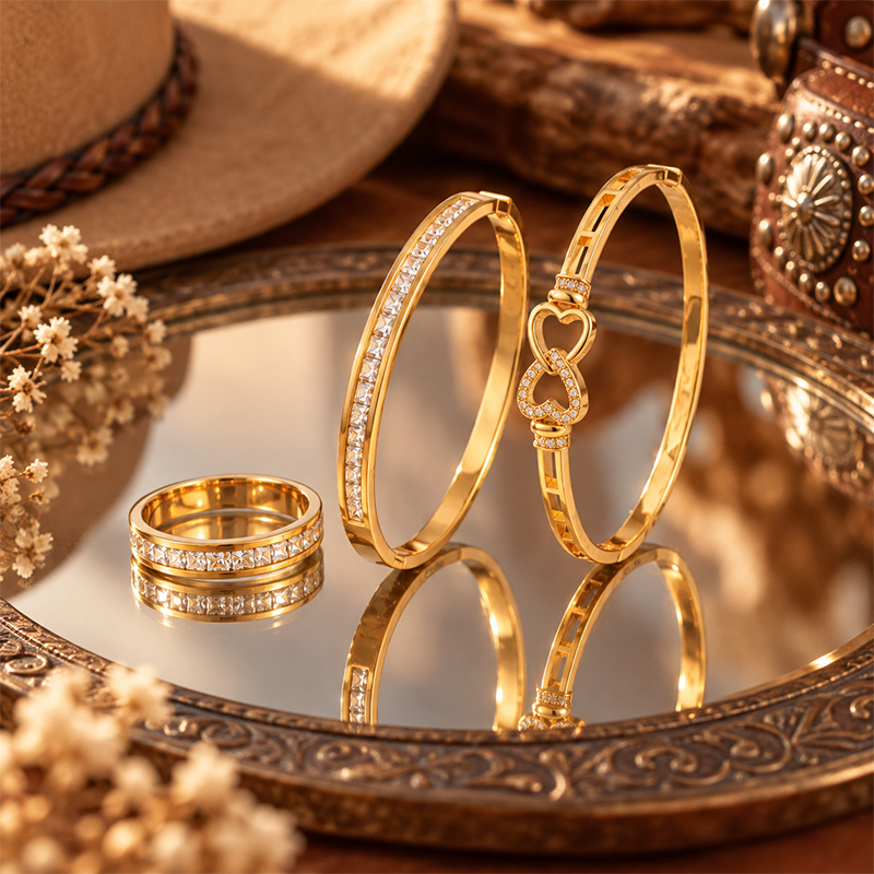 Interlocking Heart 3pcs Jewelry Set, Crystal Bangle & Ring