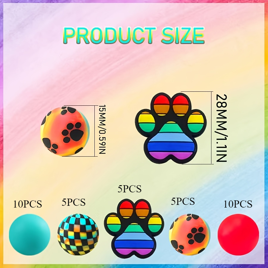 TEMU 35 Rainbow Dog Claw Silicone Beads - Round Animal Printed Loose Beads, Suitable For Diy Keychains, Bracelets, Necklaces, And Crafts