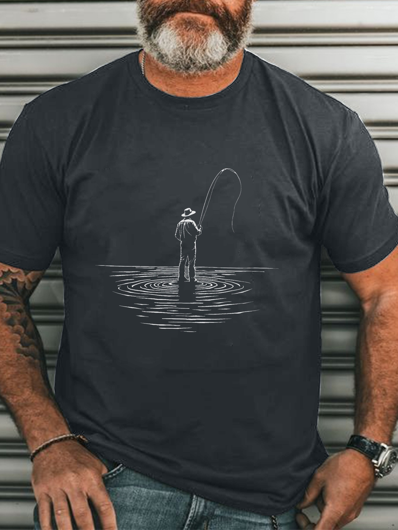 mens casual fishing graphic t shirt short sleeve round neck summer   ripple print blue outdoor   fishing   fishing scene print comfortable wear