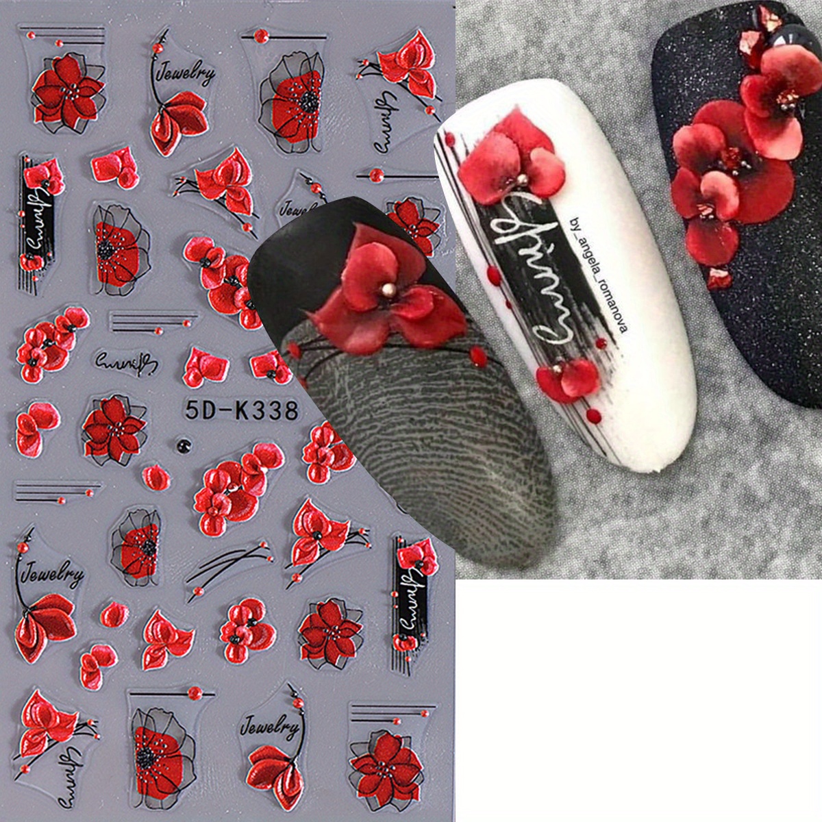 1pc Luxurious Red 5d Embossed Flower Nail Stickers - Self-adhesive, Floral Diy Nail Art Decals For Or Professional Manicure, High-quality & Easy To Apply, Nail Accessories