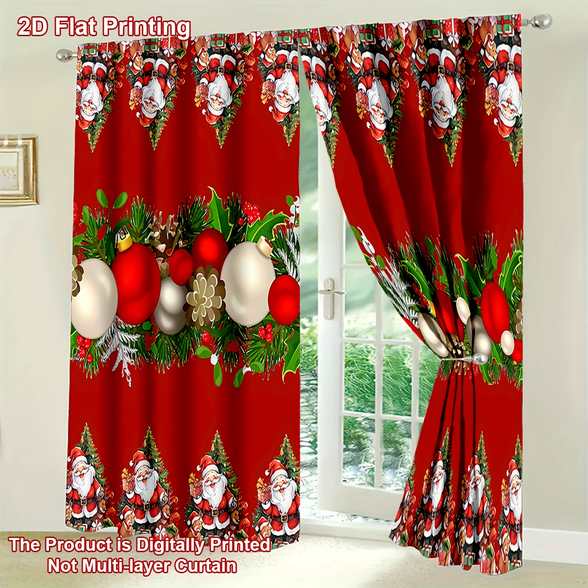 TEMU [curtain Set] 2pcs Festive Curtain Set - Santa Claus & Pine , Red With Golden Accents, Polyester, Washable, Decor, Curtains Living Room