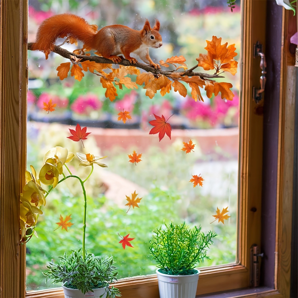TEMU 2D Plat - 1 stuks 2D Plat Statische Tak Rode Eekhoorn Eikenblad Esdoornblad Raamsticker, Herbruikbaar Zonder Lijm Verwijderbaar Dubbelzijdig
