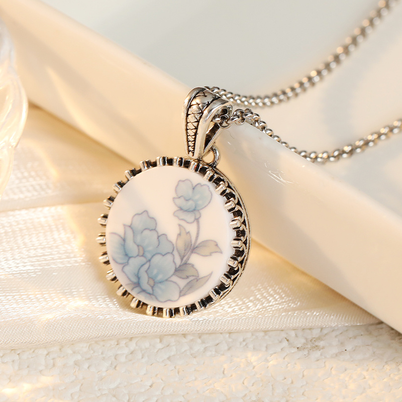 Ladies' Vintage Hand-painted Blue Peony Porcelain Pendant Necklace