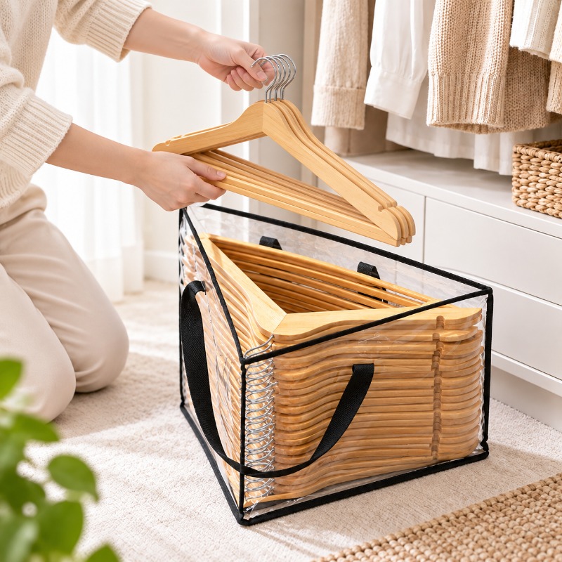 TEMU Grand Sac de Rangement pour Cintres - Porte-Manteau Triangulaire avec Poignée, de Place, Conteneur Empilable Transparent en PVC pour Cintres,