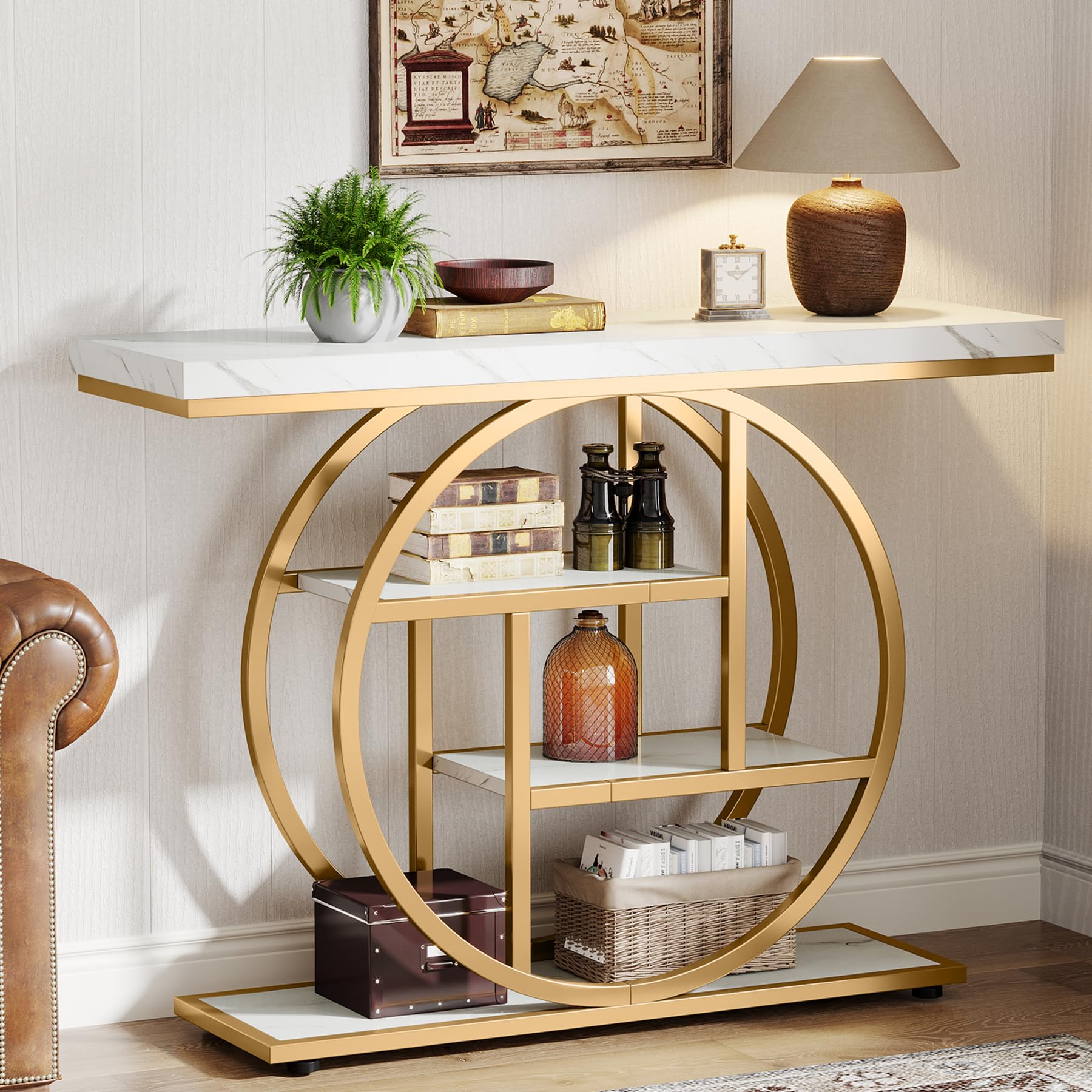 Slim Console Table 105 X 30cm, Hallway Table With 4 Shelves, Industrial Entryway Table With Round Metal Frame, Narrow Console Table For Small Spaces, Living Room & Foyer, White Golden