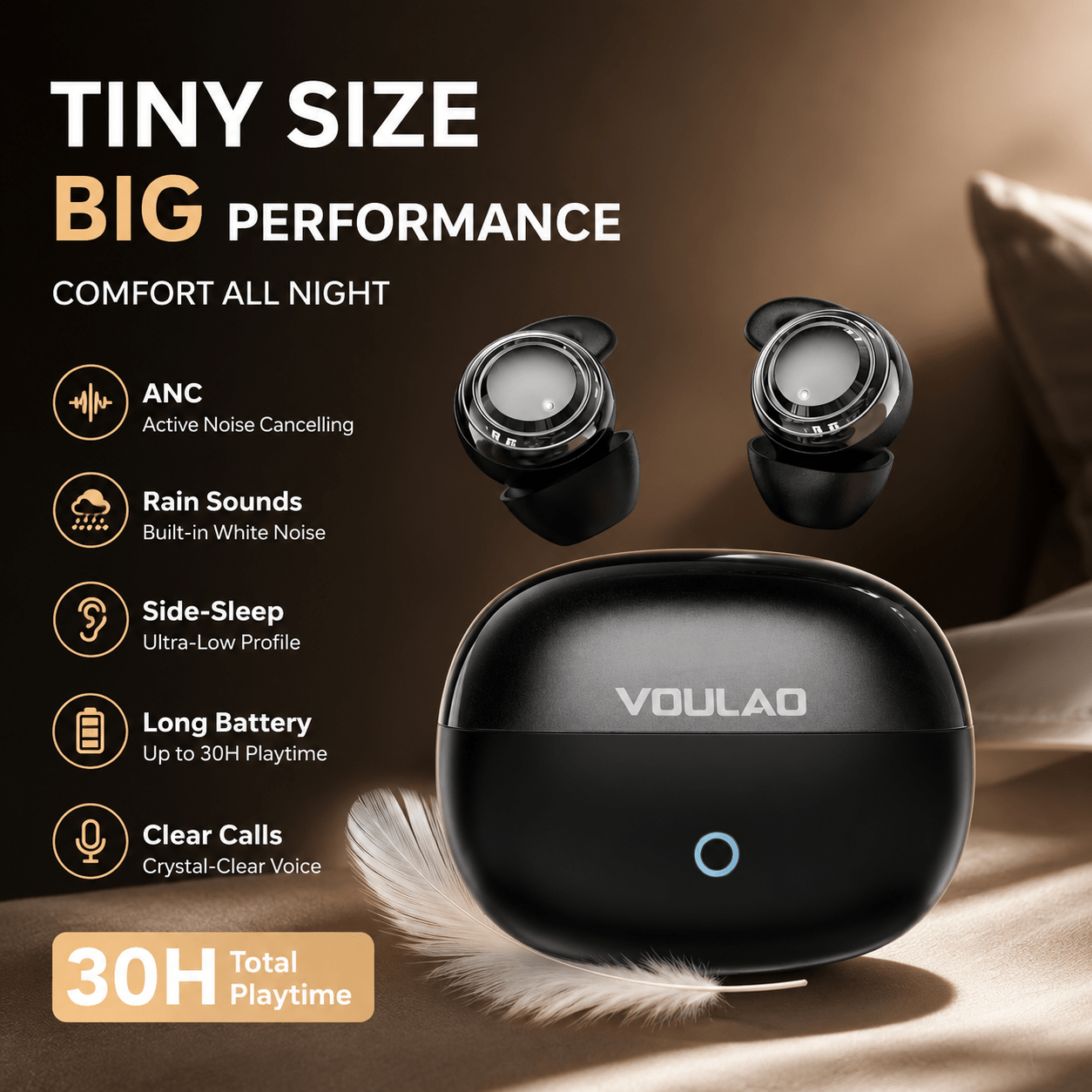 Image of Wireless Headphones Anc Active Noise Reduction, Tws Mini Wireless With Built-in White Noise, Hd Call | Long Battery | Soft Earphones For Side Sleep