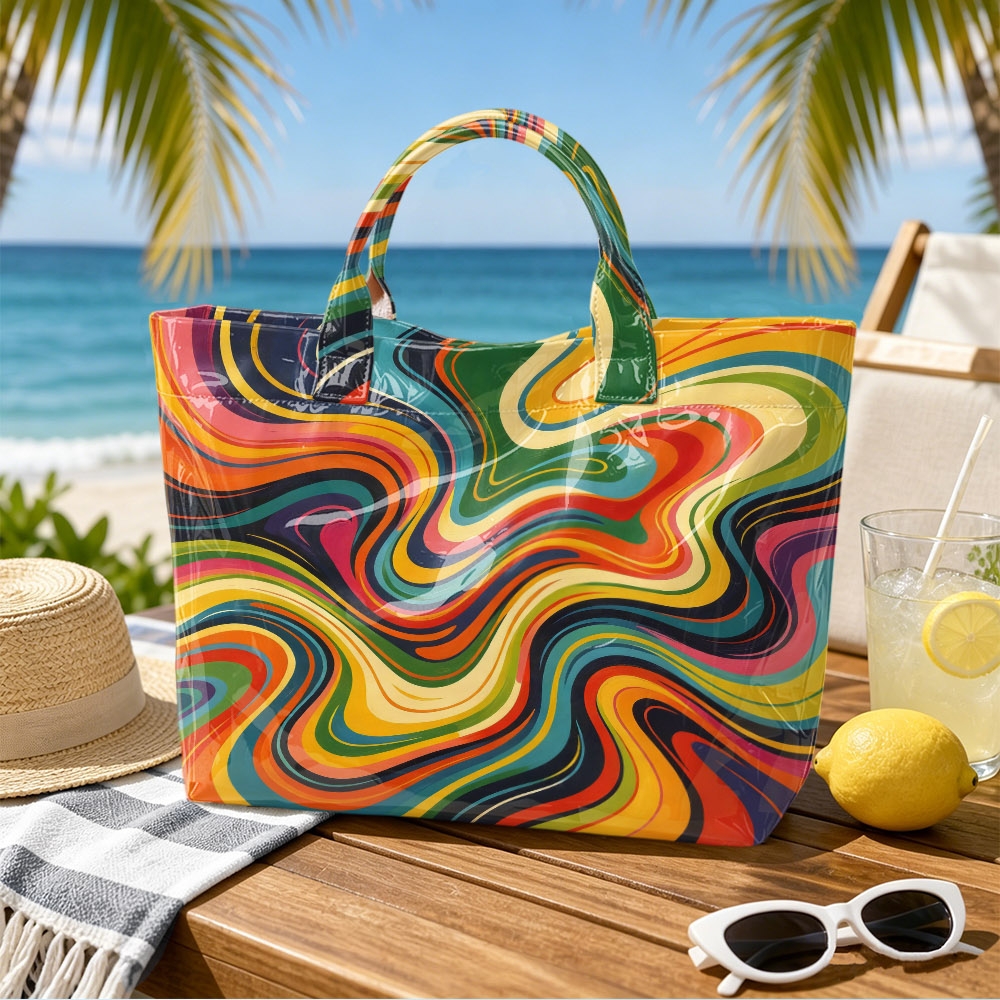 Image of Large Capacity Glossy Pvc Tote Bag With Rainbow Marble Swirl Abstract Art - Multicolor Suitable For Travel, Shopping, And Tape Closure Handbag, Shoulder Bag For Daily Use And Casual Outfits