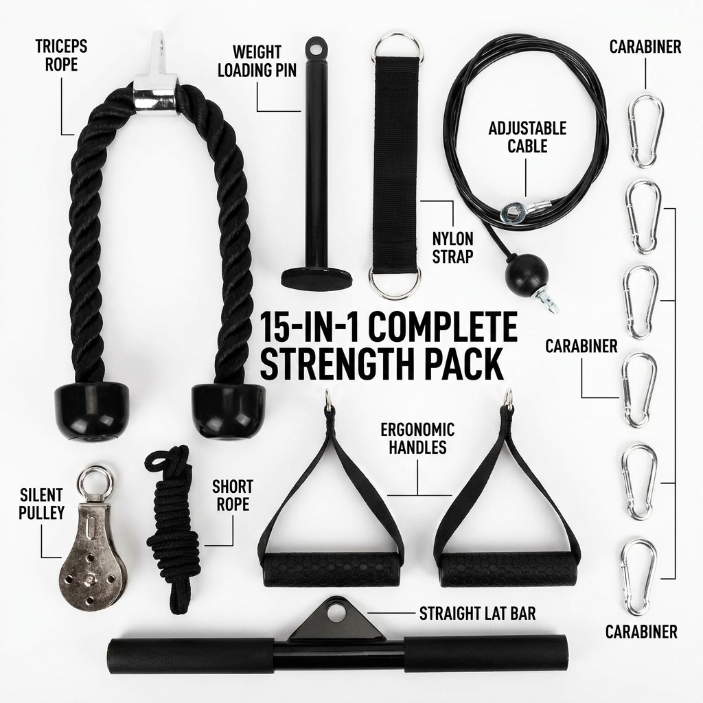 15pcs Professional Fitness Pulley System Kit, Adjustable Cable Machine Attachment For Home Gym, Lat Pulldown, Tricep Pushdown, Bicep Workout Equipment