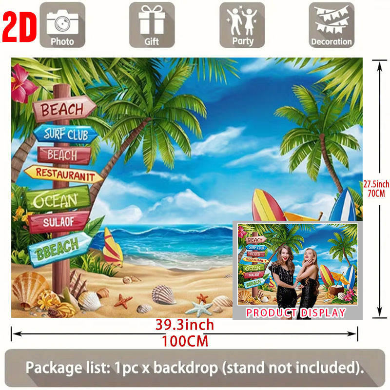TEMU 2d Flat, 2d Flat Banner, 1pc Fiber Material Summer Party Background Banner, Tropical Beach Scenery, Colorful Flags Under Palm Trees And