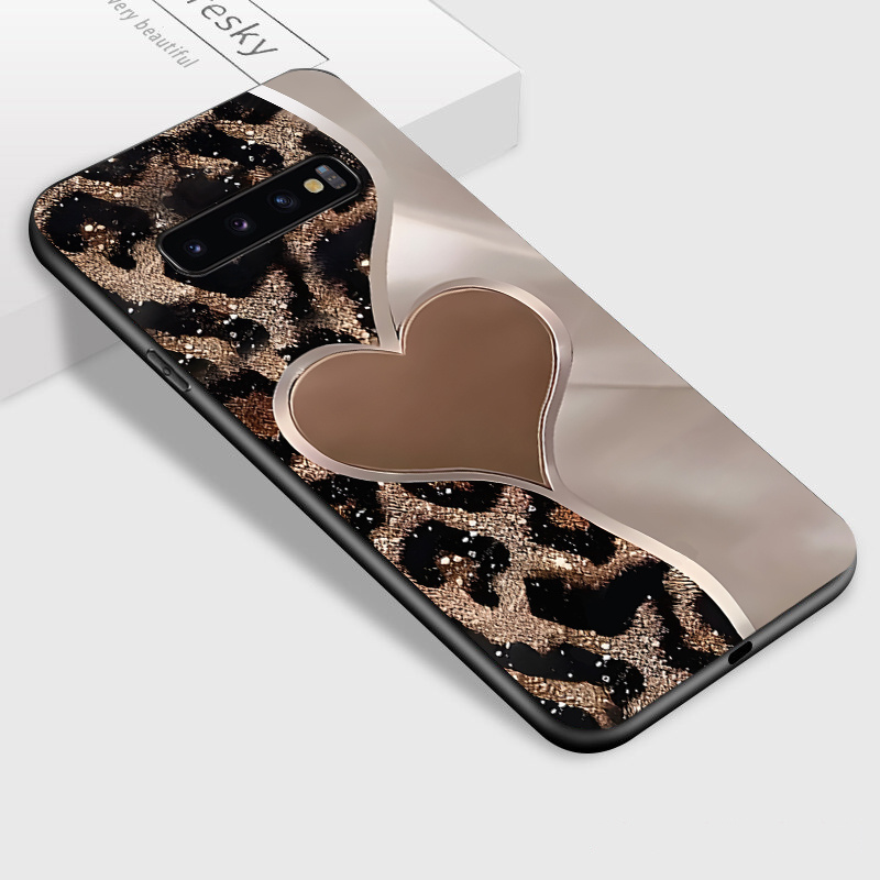 TEMU Phone Case - Stylish Glossy Glass Back Cover With A Love And Leopard Print Design For Galaxy S10 Plus And S10e, Perfect As A Couple's Gift