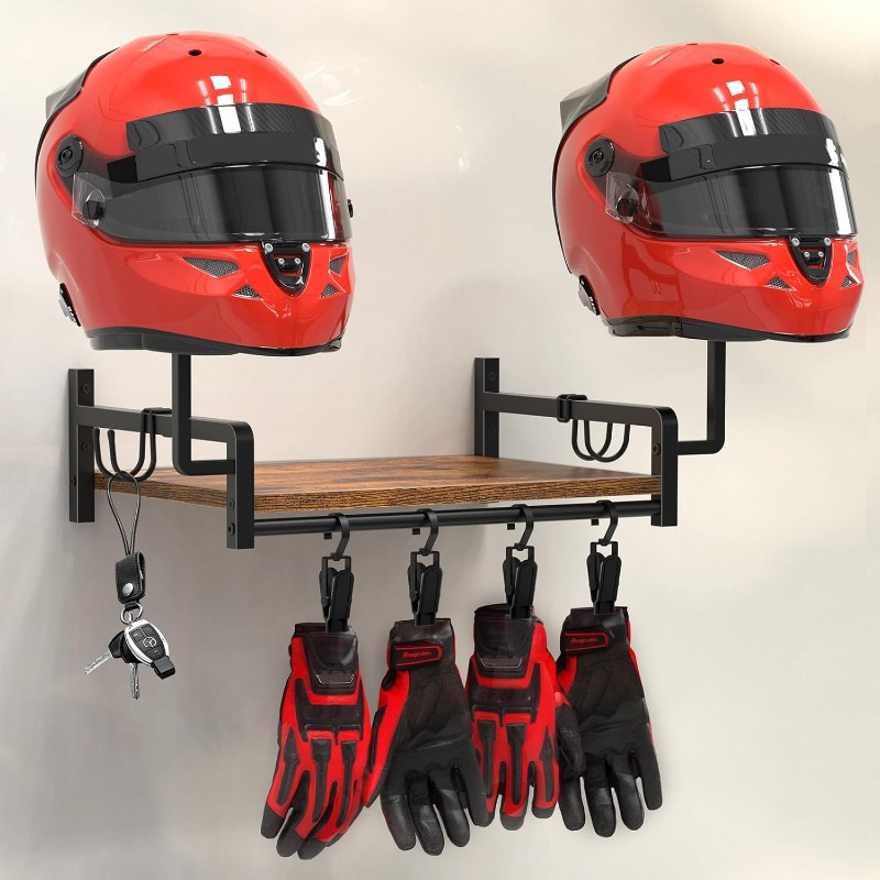 helmet rack wall mount motorcycle helmet holder plate rack display organizer for motorcycle accessories gear storage rack with 4 glove clips wood metal stand with 4 side hooks brown