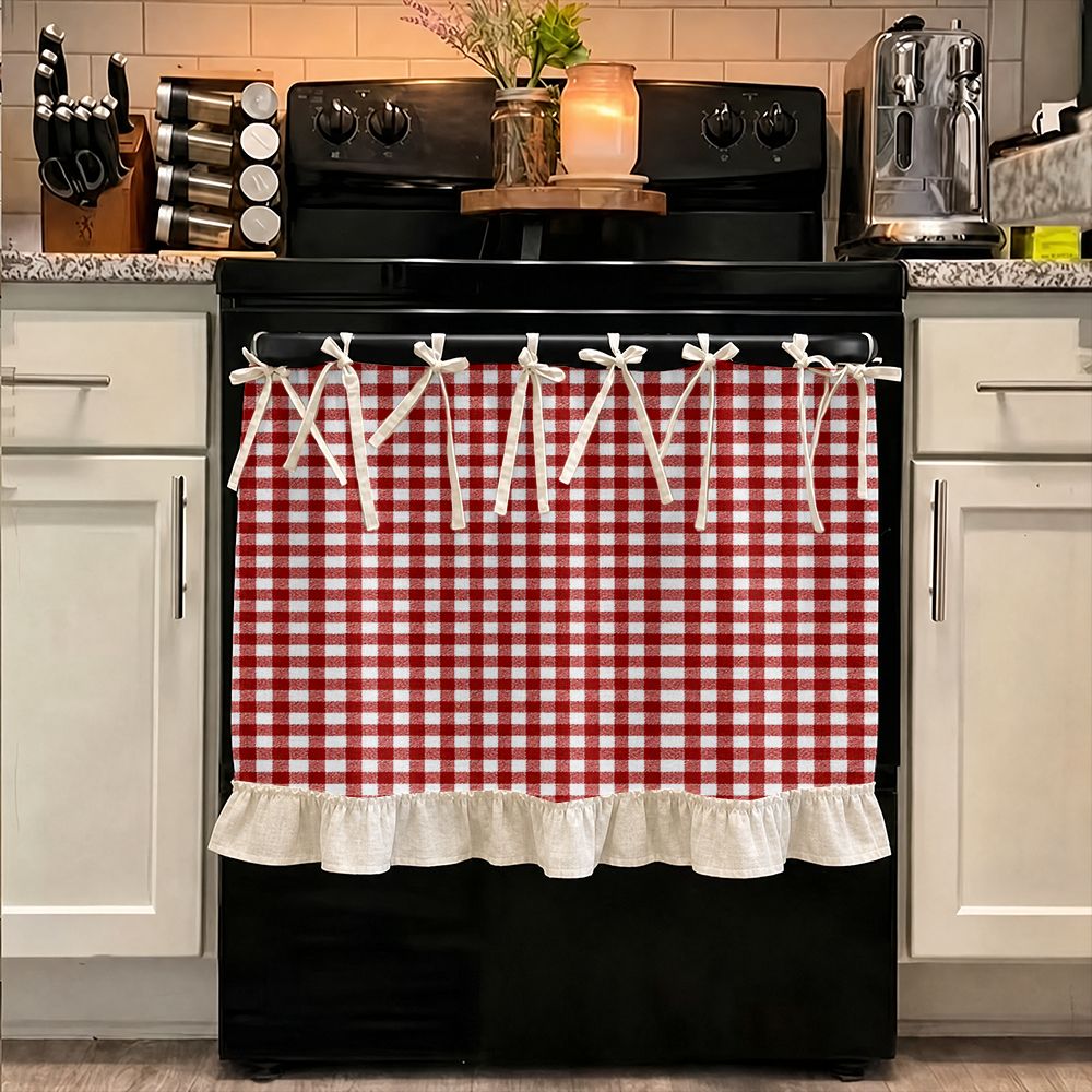 TEMU Rideau décoratif multifonctionnel 2D plat - Motif à carreaux gingham rouge et blanc 2D avec volant et nœud papillon, convient pour jupe de