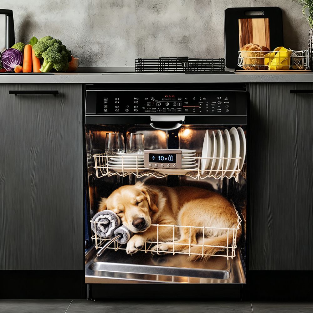 TEMU 1pc, 2d Flat Magnetic Dishwasher Sticker, Pet Dog Kennel, Classic Golden Retriever Theme, Suitable For Home Kitchen Dishwasher Decoration,