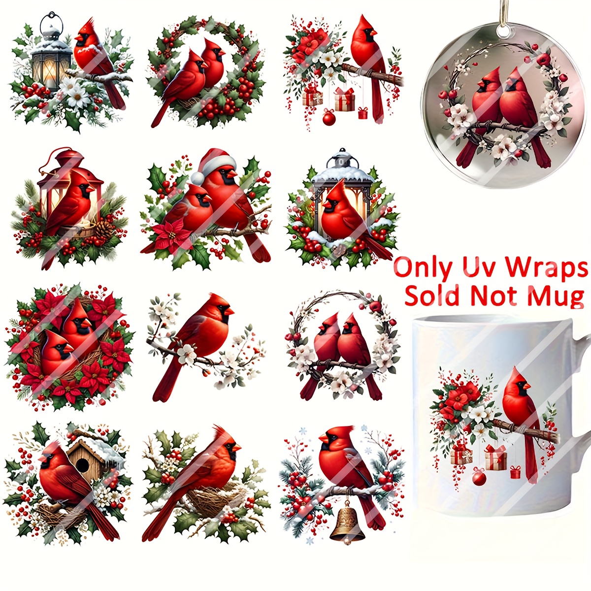 TEMU 2 Feuilles de 12 de Transfert UV DTF Décoration de Printemps Cardinal de Noël, Hiver Adapté pour Mugs, Tasses à Café, Verres, Vases, Ordinateurs