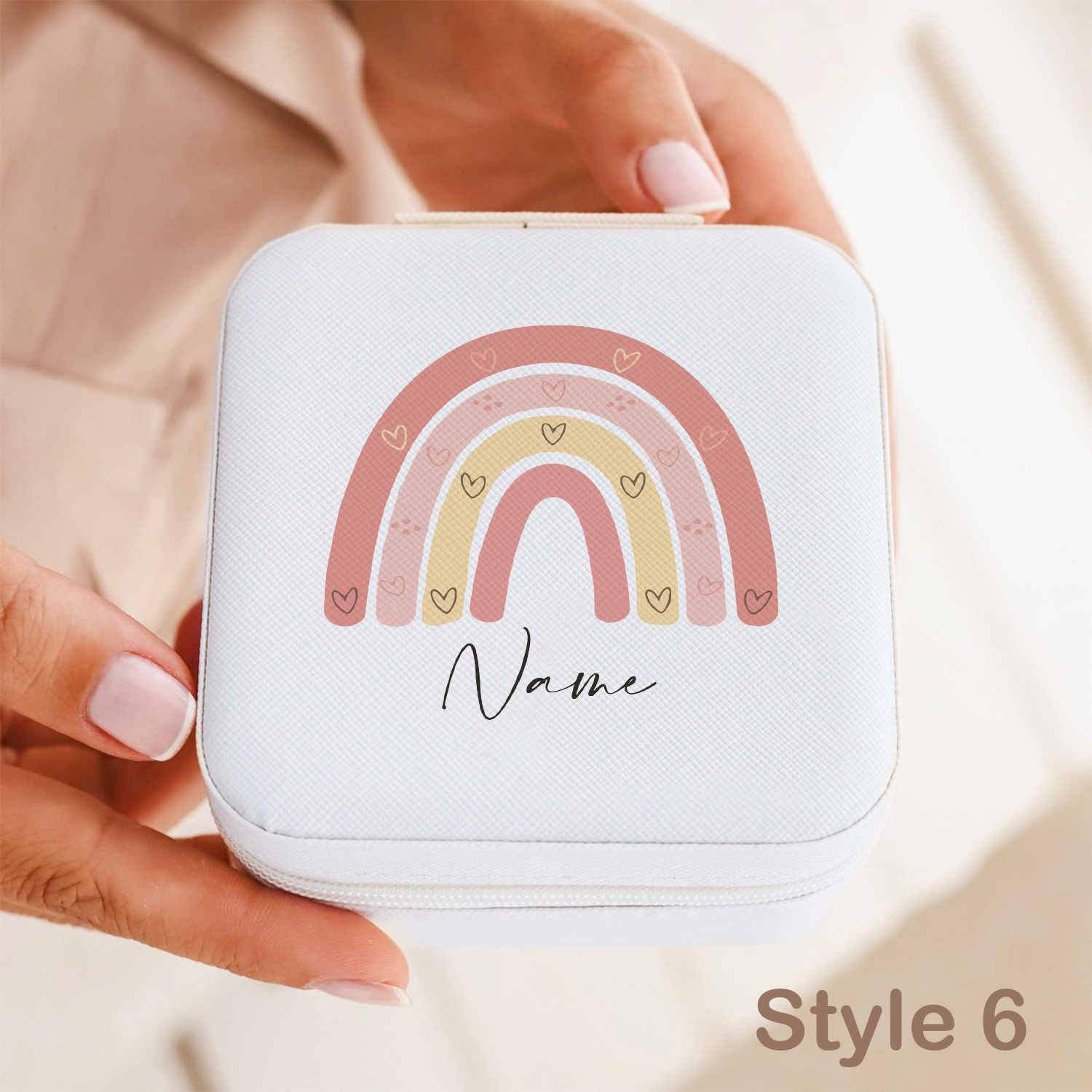 Personalized Name White Jewelry Organizer Box with Rainbow Design