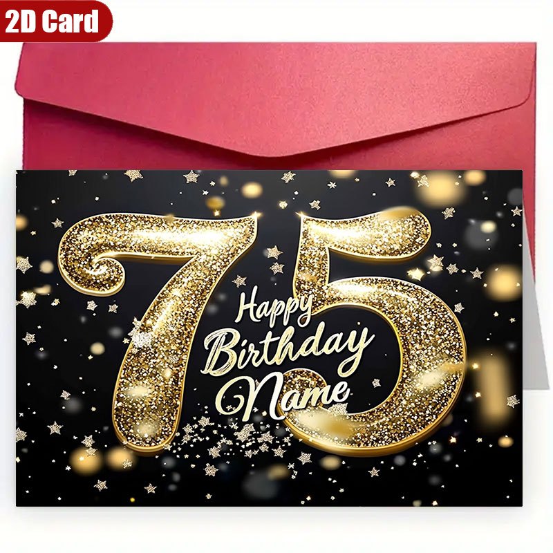 TEMU Une carte d'anniversaire personnalisée 75 ans avec un '75' doré et un nom personnalisé - Inclut un badge à nom étincelant et un numéro d'âge -