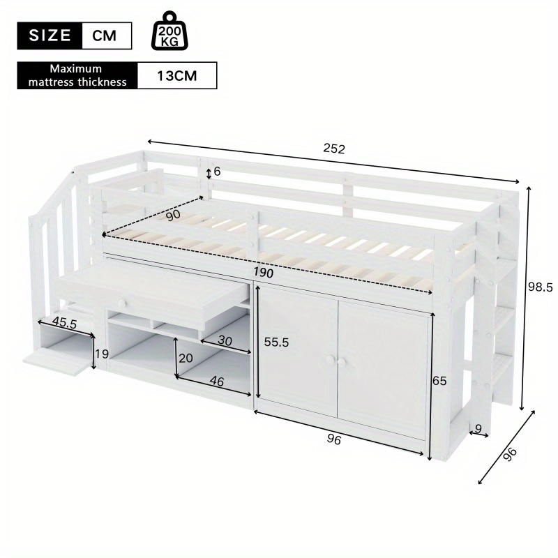 Multifunctional White Wooden 'S Bed with Stairs Storage Space and Reversible Drawers for Desk Use Left Right Interchangeable Design 90190 cm Without Mattress