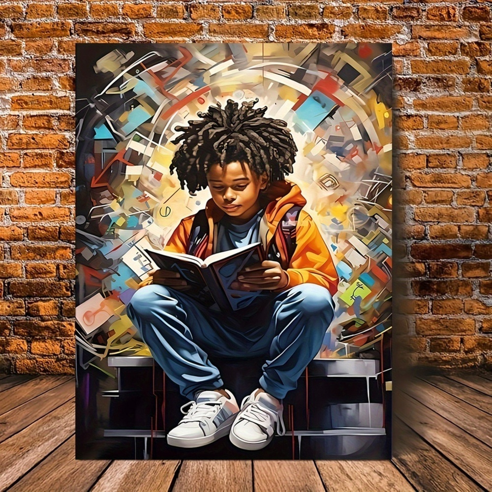 E-shop 2D Flach, 2D Flach, Ein bedrucktes Kunstwerk mit einem 2D afroamerikanischen Jungen, der liest, entworfen als eine interessante, kreative