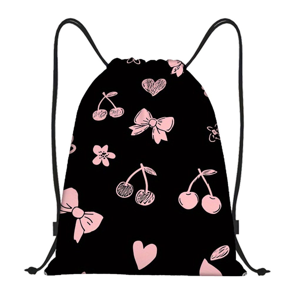 TEMU Vintage Cherry Bow Printed Bohemian Backpack | Lightweight Large Capacity School Bag With Shoe Storage, Foldable Nylon, Suitable For Daily