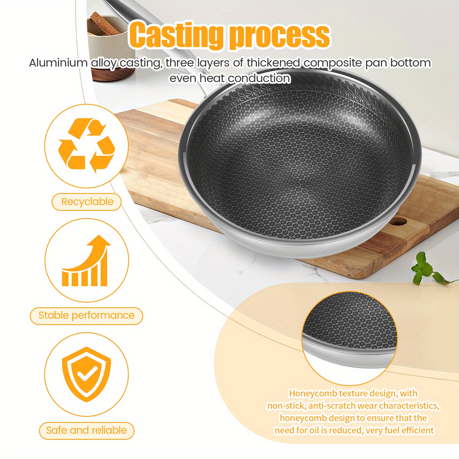   10 inch stainless steel frying pan with lid honeycomb nonstick cooking   anti scratch induction compatible detachable handle dishwasher safe kitchen cookware details 1