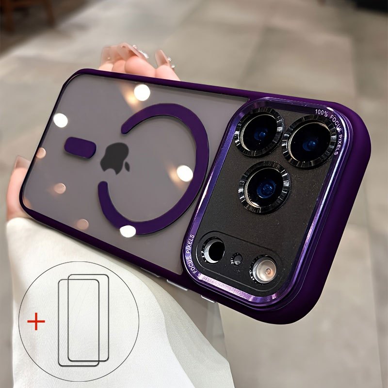 Image of Phone Case - Phone Case:3pcs (1 Case + 2 Tempered Glass) Lens Transparent Magnetic Wireless Charging Phone Case For Iphone 11/12/13/14/15/16/17 Pro Max With Lens Protective Film Shockproof Cover