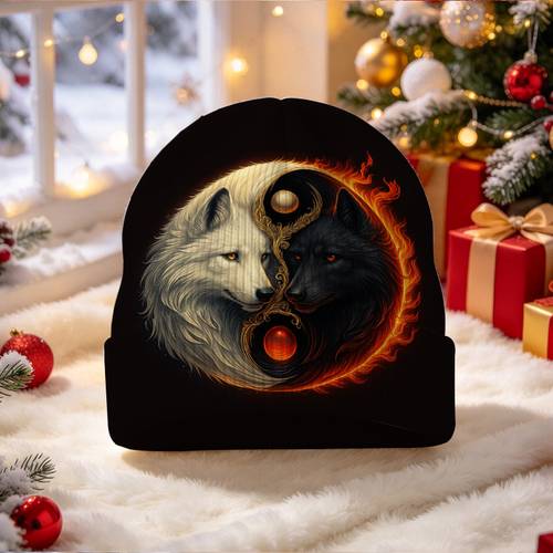 item picture 1pc 2D Flat Brimless Hat Yin Yang Wolf Fire Knit Beanie Suitable for Urban Hiking Jogging New Year Gift Thanksgiving Gift Skullies Teen Beanie Machine Washable Lightweight Warm Hip Hop Beanie 2-In-1 Hat, Without Battery