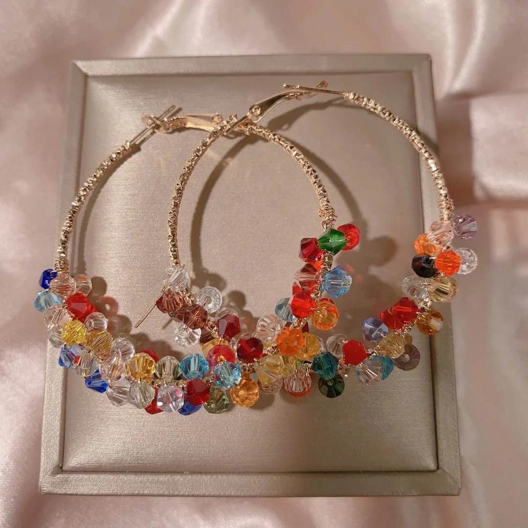 TEMU Large Hoop Earrings With Rainbow Tassels & Beads - Oversized Hoops Suitable For Christmas, Parties, Daily Wear - Multicolor Beaded Dangle