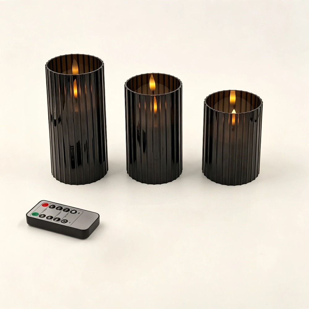 Image of Black Vertical Striped Led Flameless Candles With Remote Timer, Dimmable Fake Candle Lamps For Home Decor Wedding Party Bedroom Holiday Table Centerpiece, Aa Battery Powered (batteries Not Included)