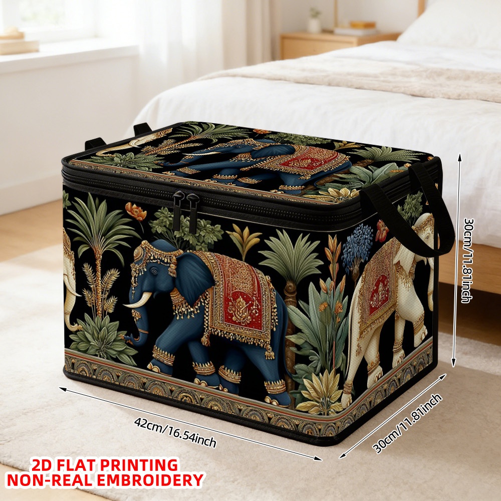 TEMU 1 Decorative Laundry Basket Featuring Elephants And Foliage, Complete With A Lid. Ideal For Storing Clothes And Organizing Home Decor, Made From