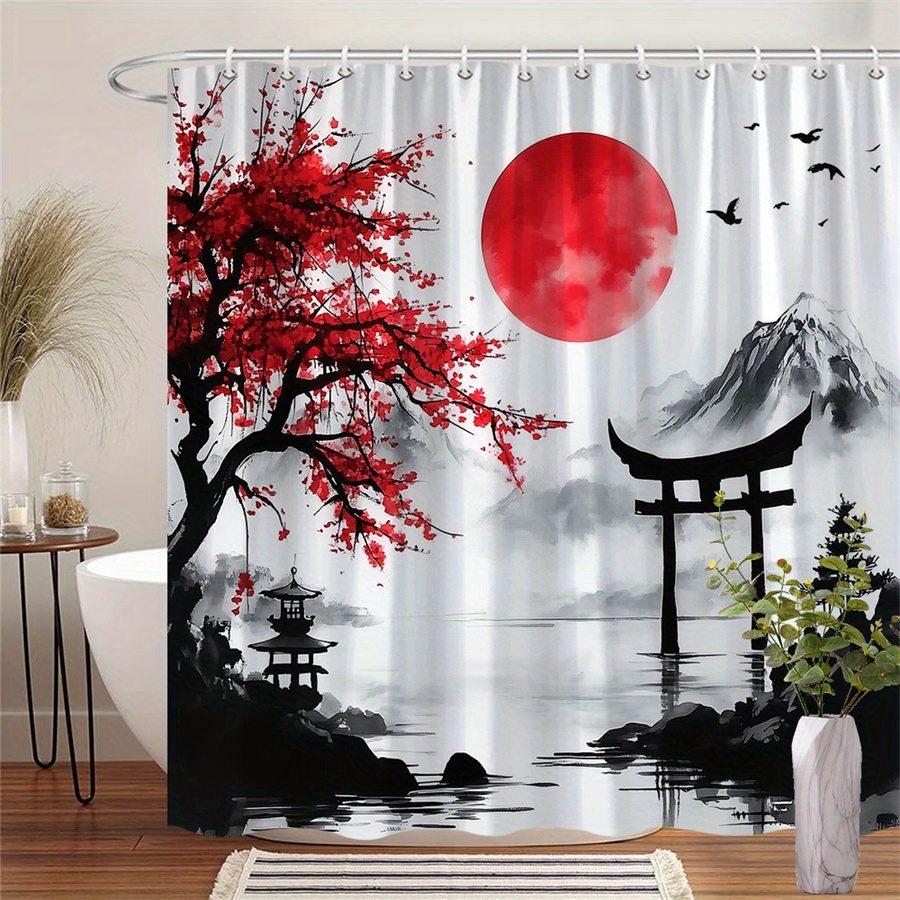 TEMU 1pc Traditional Japanese Landscape Shower Curtain - Red Sun, Blooming Tree, Torii Gate, Lake Reflection, , Nature-, Bathroom Decor, Machine