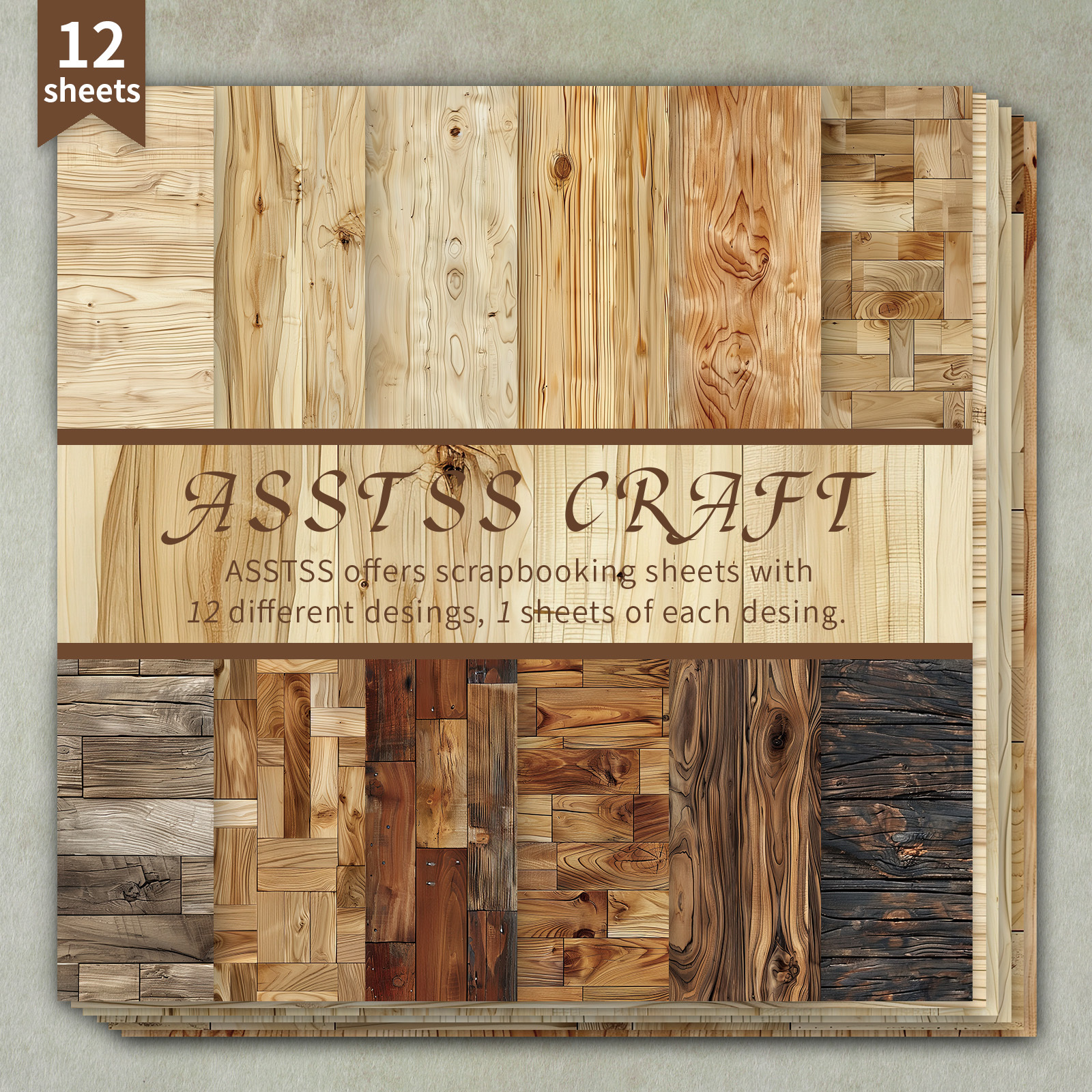 TEMU 12-sheet Asstss Heavyweight Scrapbooking Paper Pad Suitable For Journaling, Collage Art, Greeting Cards - Natural Wood Grain Retro Backing Paper