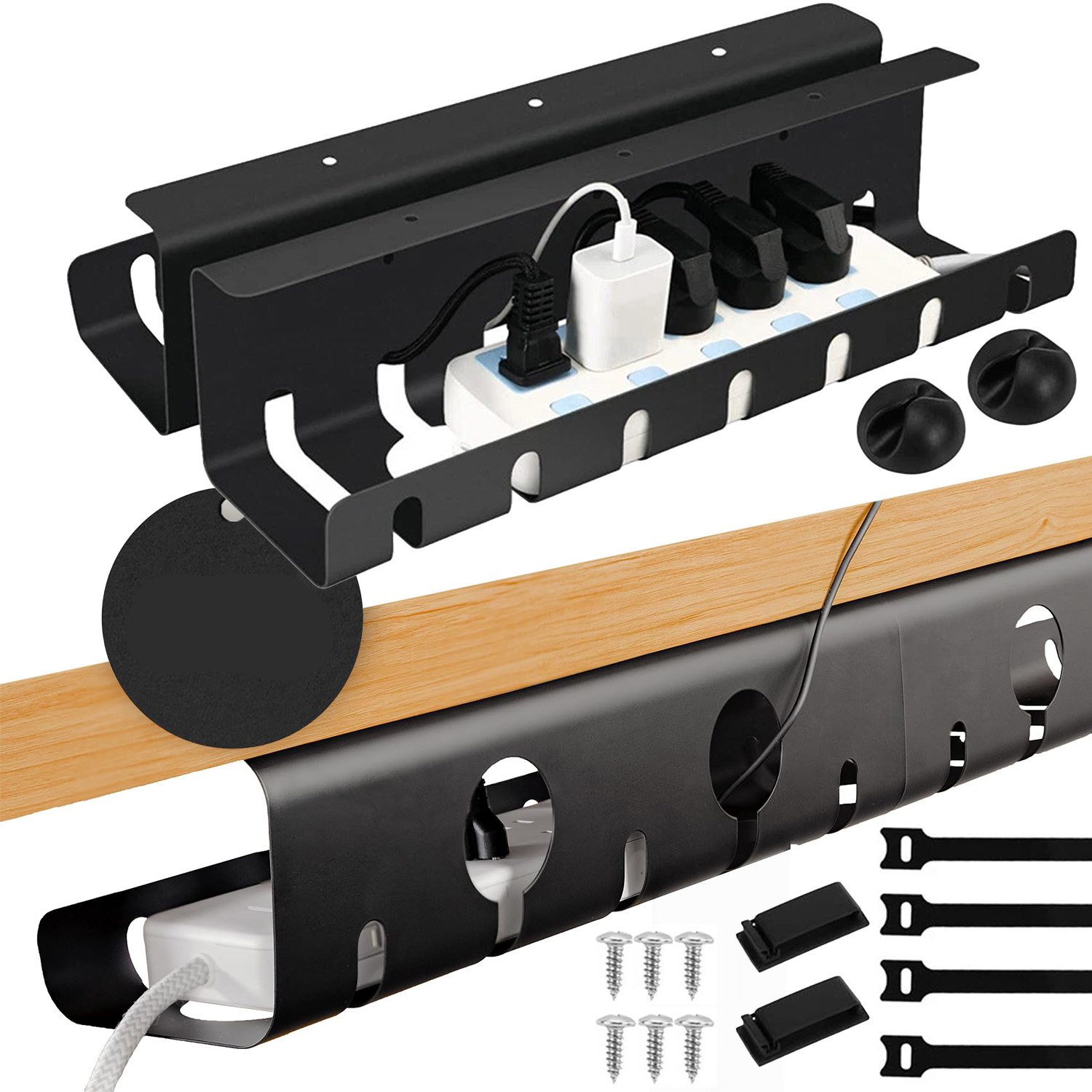 Image of 1 Set 2 Pack Steel Under Desk Cable Management Tray, No Drill Wire Rack For Power Strip, Home And Office Desk, Desk & Drawer Organizer For Home Storage