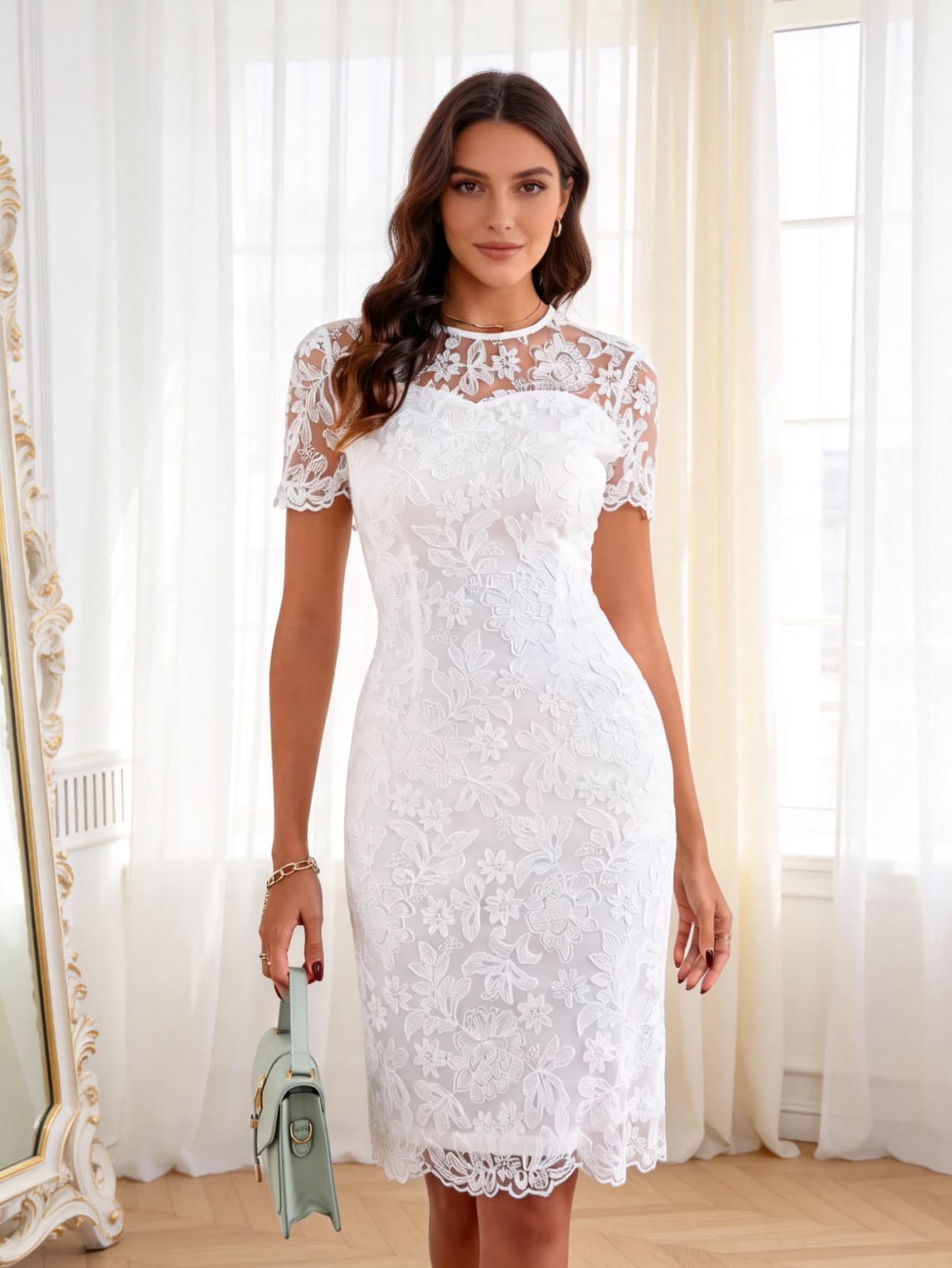 knee length dresses for ladies Boho Lace Wedding High Street Boho Wedding Dresses Boho Lace Sheath Wedding Dresses with Bell Sleeve, V-Neck Open Back W0001 Ivory 10