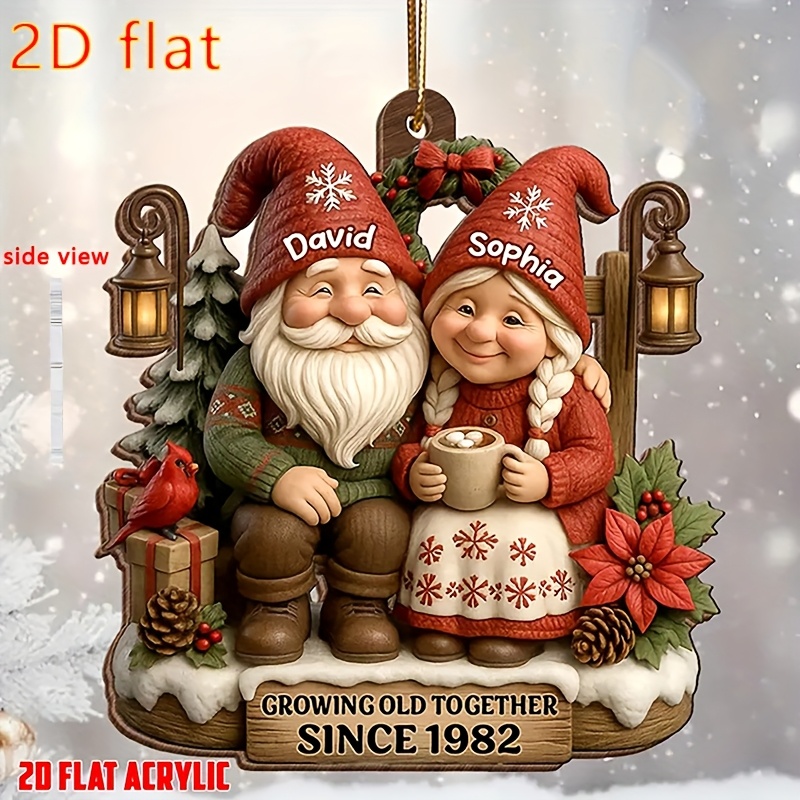 TEMU 2d Flat, 1 Piece[2d Flat Printing] Personalized Gnome Couple Growing Old Christmas Pendant Decoration, Custom Gnome Couple Name Christmas