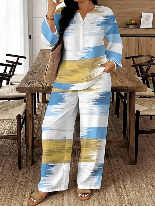 item picture womens standard size long sleeve and long pants two piece set summer v neck long sleeve shirt with printed elastic waistband long pants 2pcs set washable fabric elegant and comfortable suitable for commuting
