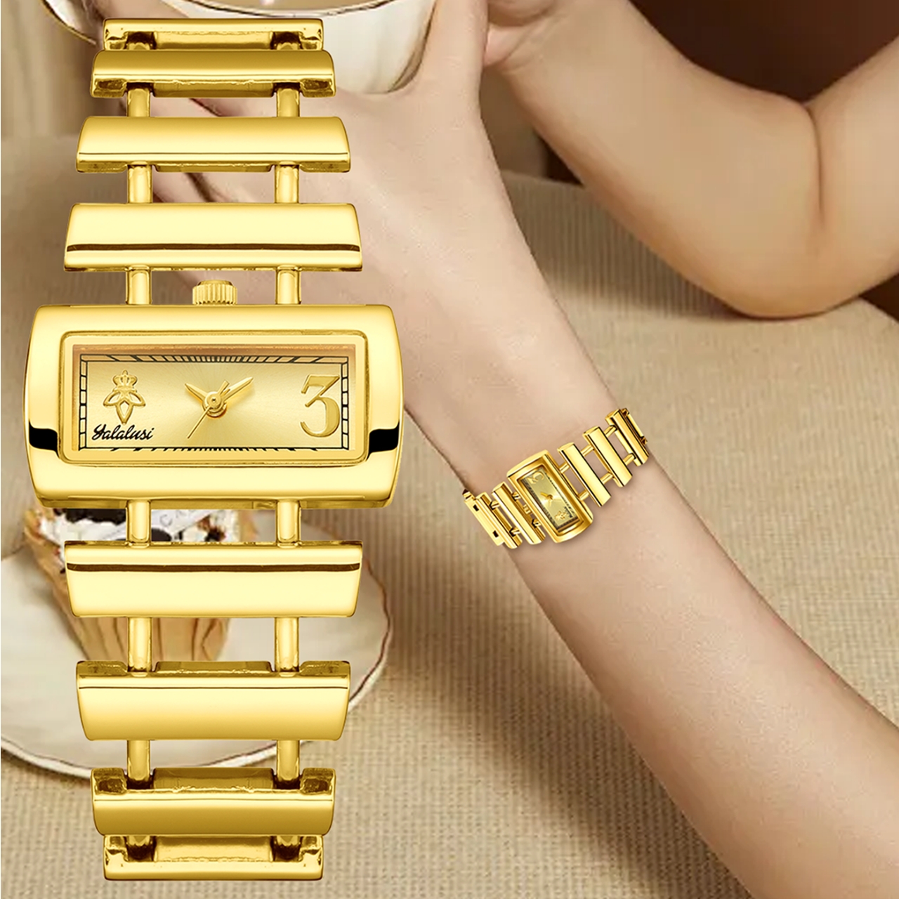 Yalalusi Brand Presents a New Elegant Hollow Design Quartz Watch for Women in 2026. It Features a Unique Letter Decoration, a Compact Square Dial, And a Precise Quartz Movement. The Durable Golden Plating Ensures It Won'T Fade for Two Years. Suitabl
