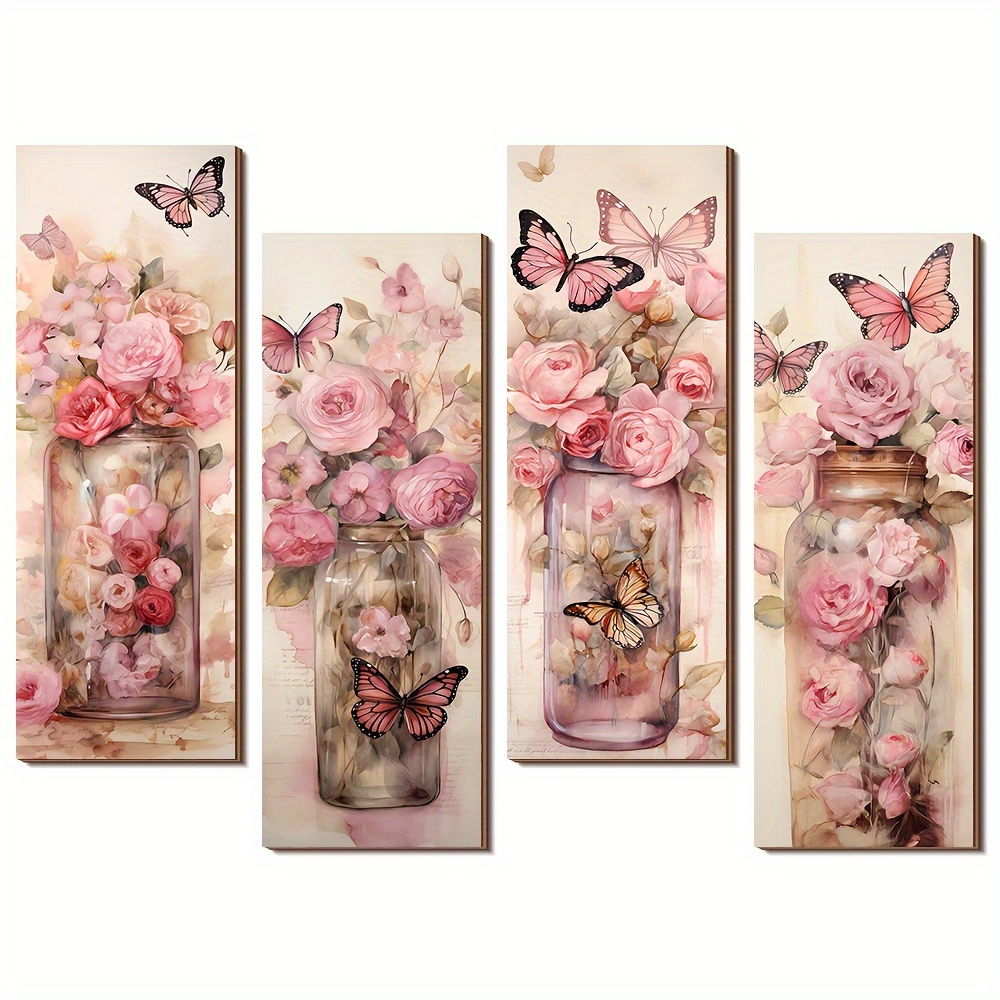 TEMU 4pcs Pink Rose Wooden Wall Decor- 2025 Trendy Style Hanging Ornament With Rose And Elements, Aesthetic And Soothing, Suitable For Bedroom, Home,