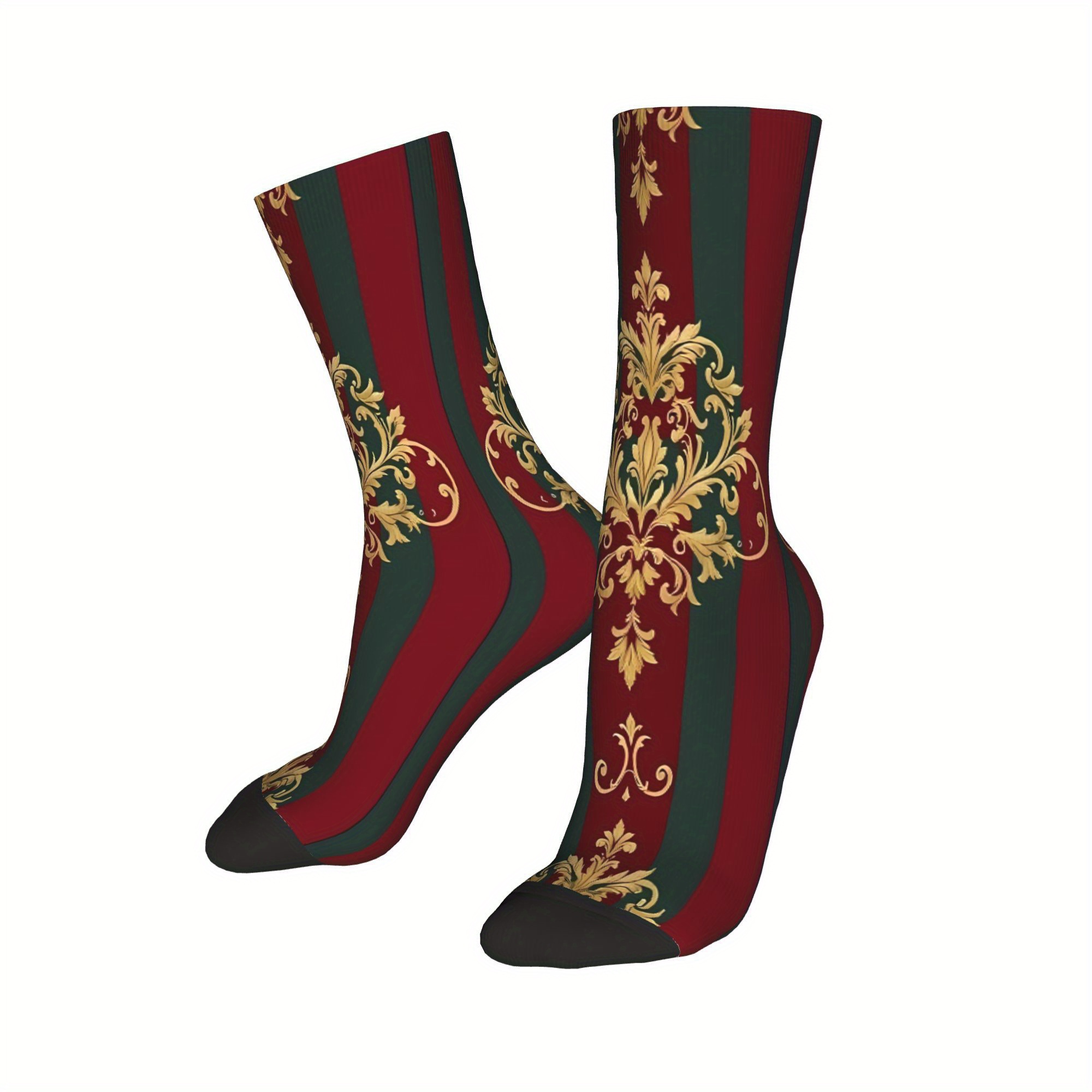 TEMU 1 Paar Bourgondische en Groene Strepen met Gouden Damast Vintage Heren Vochtafvoerende Sokken Unisex Rock Naadloos Bedrukte Grappige Nieuwigheid